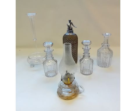 Vintage Soda Syphon, Cut crystal decanters and Clear glass oil lamp