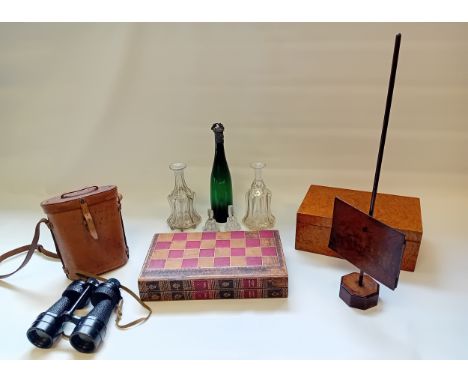Collectable odds to include Chess Backgammon folding book, D.H &amp; G Ltd WWII Binoculars, Antique Stand and Burr Walnut Sma