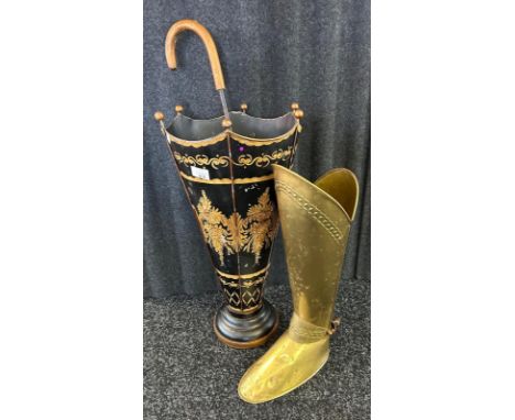 Mid Century Italian Toleware umbrella stick stand, together with a brass boot stick stand