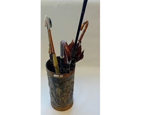 English Brass Bar Scene Umbrella Stand with vintage umbrellas