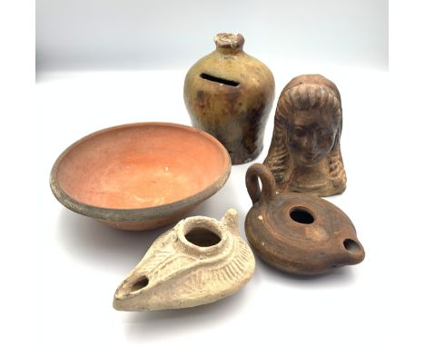 Ancient middle eastern clay oil lamp.Ancient terracotta oil lamp.Terracotta bowl. 15cm DiaEarly glazed clay money bank. 13cm 
