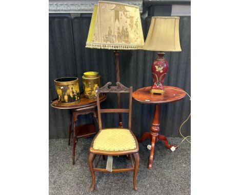 Mixed lot of furniture to include reproduction standard lamp, 19th century shell inlay tray, window tables, oriental design l