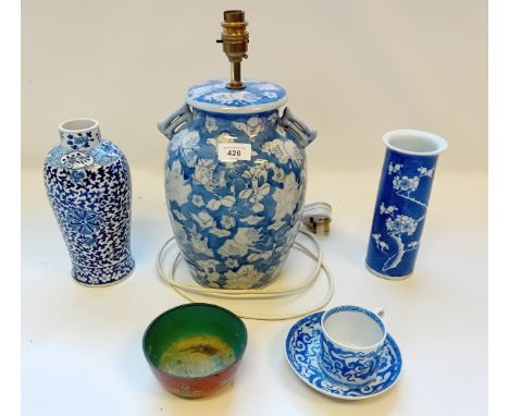Mixed Chinese items to include Chinese Ginger Jar Lamp, Blue and white Prunus Vase, dragon design cup and saucer, Brass and e