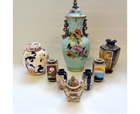Collection of Oriental porcelain to include Chinese two handled vase, Japanese Satsuma Vases and Incense Censor