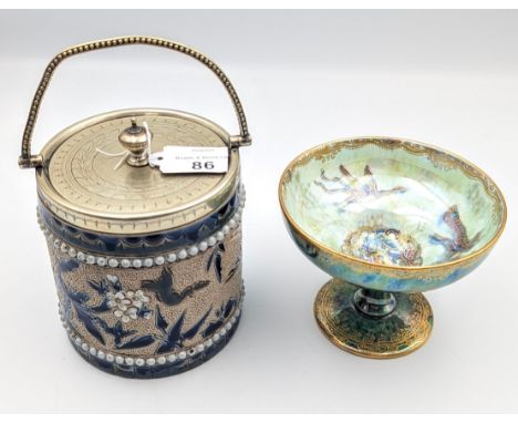Wedgwood lustre dragon dish together with Doulton Lambeth lidded pot with swing handle
