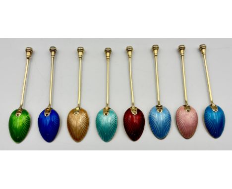 Eight silver and enamel coffee spoons, Barker Brothers Silver Ltd, Birmingham 1958Weight - 77.67g