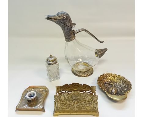 Antique duck shaped Art Nouveau Style Claret jug crafted from glass with pewter, Cut Crystal Plated Mustard Pot and Brass Acc