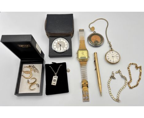 Collection of costume jewellery and watches to include silver chain and pendant, ladies earrings, rolled gold pen, Sekonda po