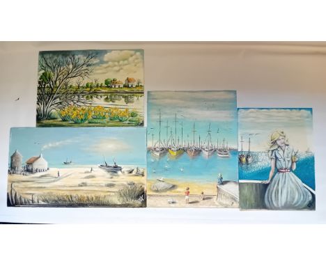 4 Artworks;All oil on canvas boards ''Seascape Themed'' and landscape, signed.