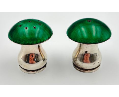 Egon Lauridsen Danish sterling silver and enamel "mushroom" salt and peppers with green enamel tops Weight - 49.52g