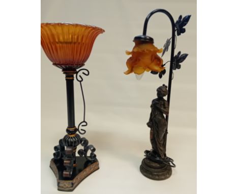 Art Nouveau Style Lamp Featuring A Lady Figure together with Antique Style Orange Glass Shade Candle Holder.