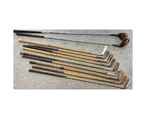 Collection of golf clubs and golf bag to include Gibsons of Kinghorn putter, Robert Simpson of Carnoustie and R.G. Gibson Roy