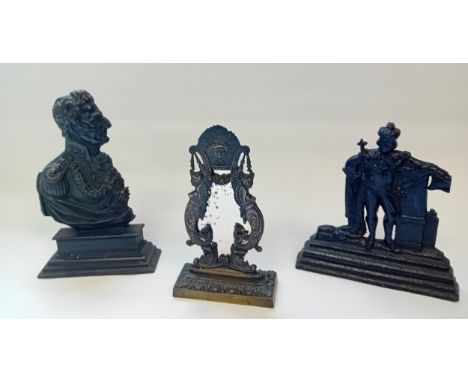 19th Century Cast Iron Door Stops and British Cast Bronze Frame With Mirror Plate, Stamped ''Pub.By T C Salt, 1828.