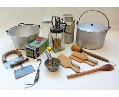Coolection of odds to include butter churn, aluminum milk jug, preserving pan, grinder, victorian herb chopper and kitchen wo