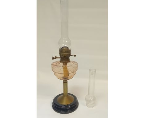 Antique Brass Oil Lamp with Pink Glass and Two Chimneys