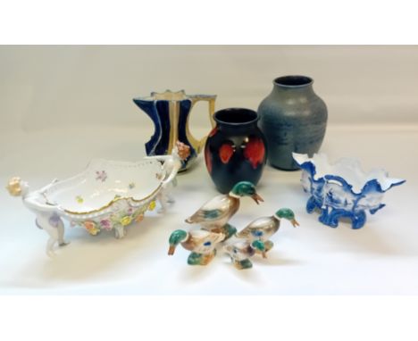 Collection of Pottery and Porcelain to include Poole pottery Vase, Hand made Ceramic Pitcher, Von Schierholz Centrepiece Bowl