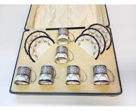 Six Ansley Porcelain Coffee Cans and Saucers With Sheffield Silver Holders (Missing One Saucer)