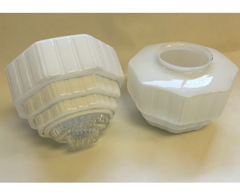 Art Deco moulded angular white glass ceiling light shades with crystal glass bases.
