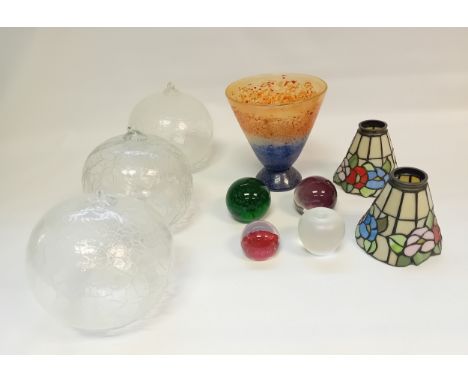 Collection of Glass to include Tiffany Style Lamp Shades, Art Glass Vase, Vintage Glass Crackle Balls and Paperweights