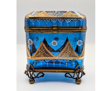 Blue casket with applied enamel and gilt decoration in the manner of Moser
