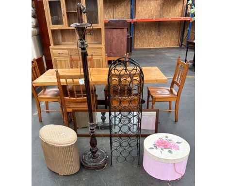 Cast metal wine rack, standard lamp, Lloyd Loom basket, wall mirror, collection of hat boxes and box of prints