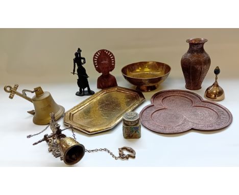 Collection of odds to include Reproduction ship's bell inscribed 1827, Brass Service Bell, Enamel Chinese Snuff, Brass tray, 