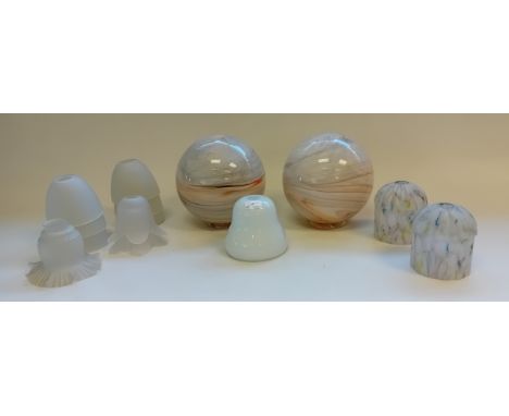 Selection of mixed vintage glass lamp shades to include marble effect bulbus shades