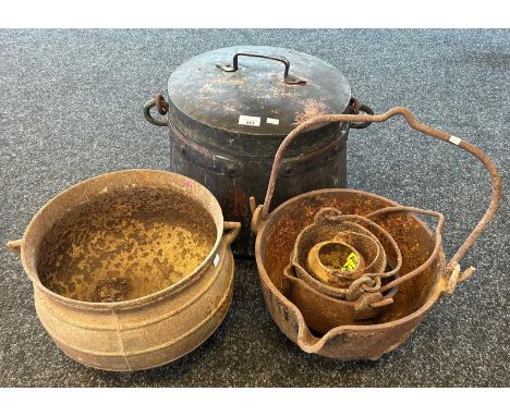 French lidded pot together with various cauldrons