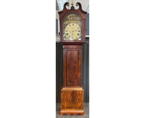 A 19th Century flame mahogany longcase grandfather clock, The face with Romain numeral numbering and hand painted Victorian d