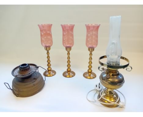 Art Deco Style Fluted Glass Candle Holders, Brass Paraffin Lamp and converted lamp.