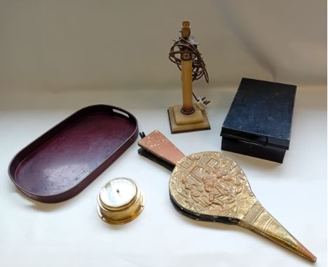 Mixed odds to include brass bellows, black tin document box,  onyx lamp, barometer and vintage tray