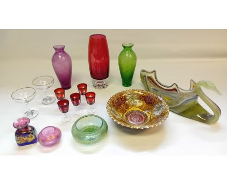 Collection of Art Glass to include Goofus Bowl, Vintage Ruby Glass Vase, Babycham Glasses, Iridescent Art Glass, Hand Blown G