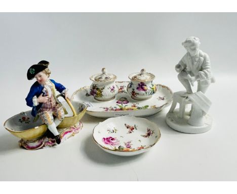 Collectors Porcelain; two Meissen figures, Meissen dish and Dresden plate with lidded pots
