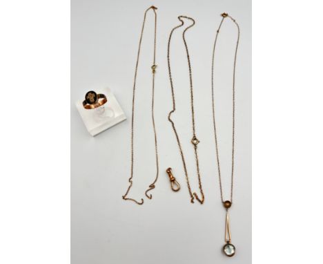 9ct gold ladies necklace with yellow metal pendant (2.41g) ,two 9ct scrap gold necklaces, 9ct gold clasp (5.08g) and yellow m