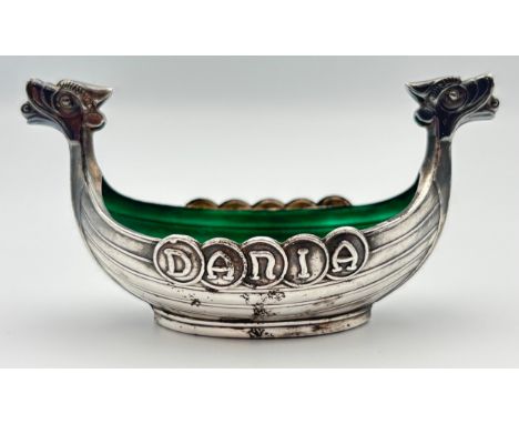 Anton Hansen Enameled Sterling Silver Viking Ship Salt Cellar. The side reads “Dania” – the medieval Latin term for Denmark. 