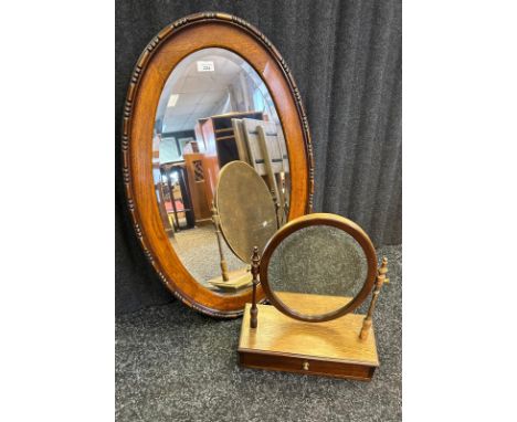 Oak bevel edged mirror with beaded detail, together with dressing table swing mirror with single drawer