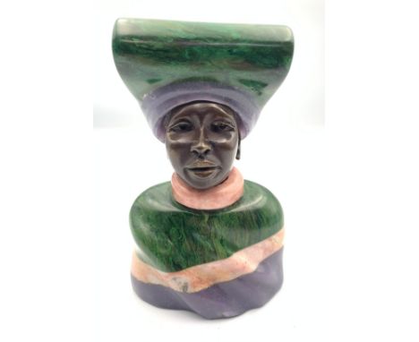 Herero Woman cast in bronze and decorated with green verdite, lapidolite and pink marble. 15.5cm