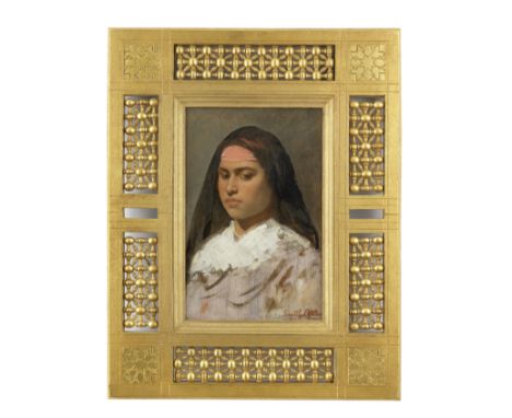 Leopold Carl Müller (German, 1834-1892)Portrait of a lady wearing a pink headband signed 'Leopold Carl Müller' (lower right)o