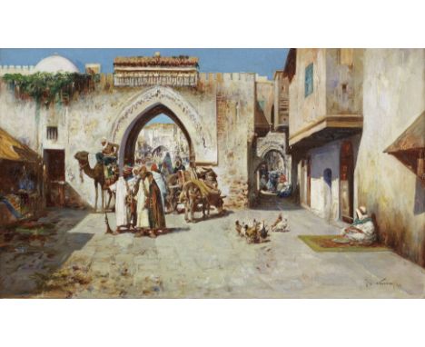 José Navarro Lloréns (Spanish, 1867-1923)Travellers by a market gate, Tangiers signed and dated 'Jose Navarro/99' (lower righ