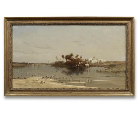 Charles Emile de Tournemine (French, 1812-1872)Horses watering at an oasis signed and dated 'Ch. de Tournemine - 1857' (lower