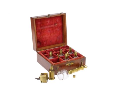 A Pneumatic Cupping Set, English, mid 19th century, unsigned six free-blown cups with laquered brass fittings and screw cap, 