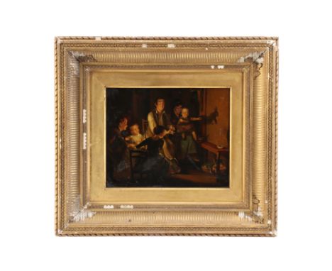 A Victorian Oleograph on metal, of a Shadow Puppet, after David Wilkie ' The Rabbit on The Wall' shown at the Royal Academy 1