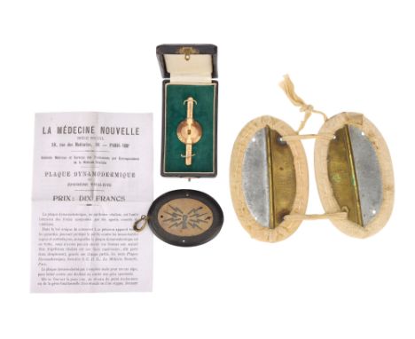 Quack Medicine, Plaque Dynamodermique and other Galvanic Devices, two cloth covered Plaques Dynamo-Dermique, c.1900, in brass