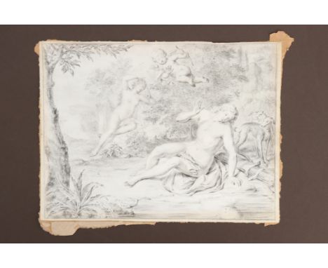 Hieronymus van der Mij, (1687–1761), showing a wooded landscape with two women and a cherub, with inscription 'H. Vander Mij 