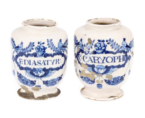 A Pair of 18th Century English Peacock Pattern Delftware Drug Jars, English, probably Southwark, London, Early/Mid 18th Centu