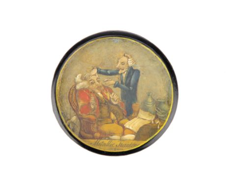 Medical Antiques, A Snuff Box, English, c. 1805, papier mache snuff box with illustration of Perkin's Metallic Tractors, base
