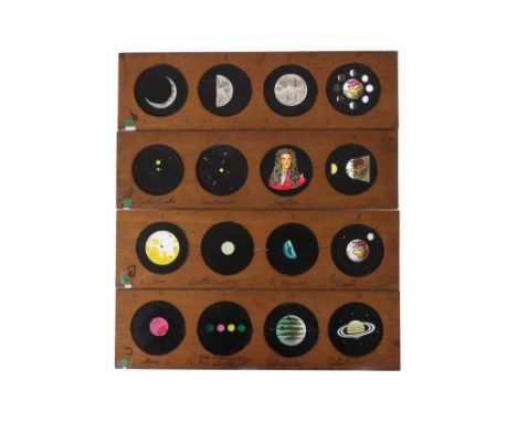 Astronomical Magic Lantern Slides, comprising of 4 mahogany frames each with 4 circular windows with hand-painted translucent