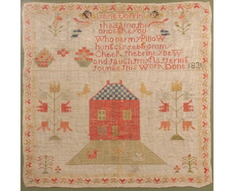 Victorian needlework sampler by Jane Dorin 1839 with verse 'I Had A Mother Once Like You', house, animals, flowers etc. 43cm 