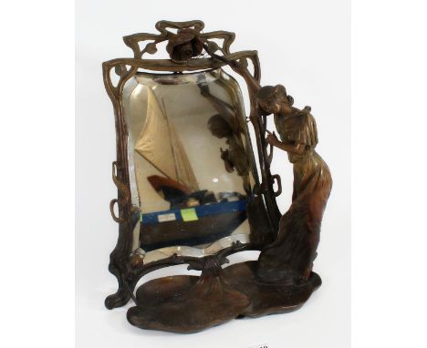 Art Nouveau patinated spelter table mirror lamp, c1910, the plate within a stylised floral frame with overhanging rose form l