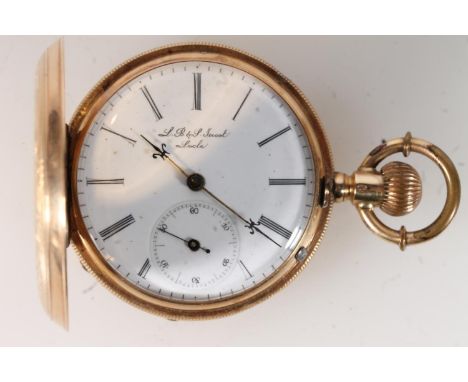 14k gold swiss hunter pocket watch, the white enamelled face with Roman Numeral chapter ring and second subsidiary dial, L B 